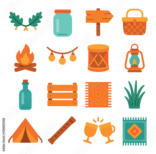 Rustic Celebrations modern flat style . Oak leaf garland, Mason jar, Wooden sign, Picnic basket, Campfire, String lights, Folk drum, Lantern, Vintage bottle, Crate box