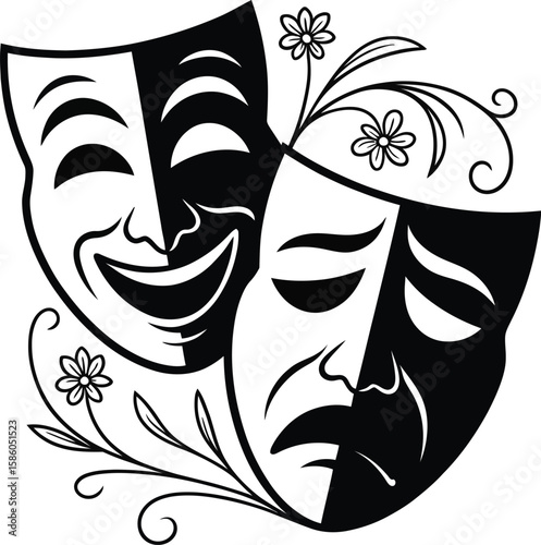 Silhouette of classic comedy and tragedy theater masks in elegant black and white decorative vector style