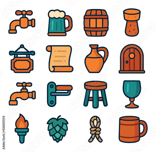 Barrel Tap & Historic Drinks modern flat style . Barrel tap, Tankard mug, Medieval barrel, Old cork, Tavern sign, Scroll label, Classic jug, Alehouse door, Vintage spigot