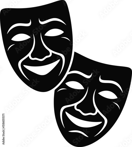 Silhouette of classic comedy and tragedy theater masks in elegant black and white decorative vector style