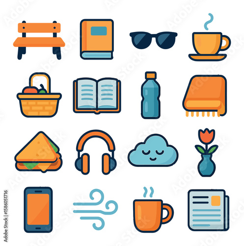 Wooden Bench & Relaxation Scenes modern flat style . Wooden bench, Book icon, Sunglasses, Cup of coffee, Picnic basket, Open journal, Water bottle, Blanket, Sandwich