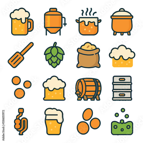 Beer Foam & Brewing Symbols modern flat style . Beer foam, Fermentation tank, Wort boil, Mash tun, Brewing paddle, Hop cone, Grain bag, Foam line, Brewing bubbles, Rising