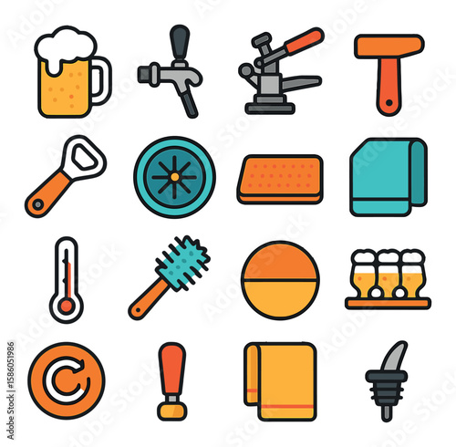 Beer Foam & Bartending Tools modern flat style . Beer foam, Tap faucet, Keg coupler, Foam scraper, Bottle opener, Glass rinser, Bar mat, Towel cloth, Beer thermometer