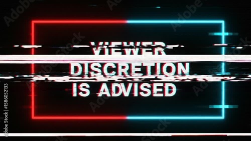 viewers discretion screen with neon style and glitch effects