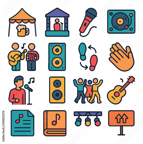 Beer Tent & Entertainment modern flat style . Beer tent, Music stage, Microphone, DJ turntable, Folk band, Sound system, Dance steps, Clapping emoji, Solo singer, Speaker
