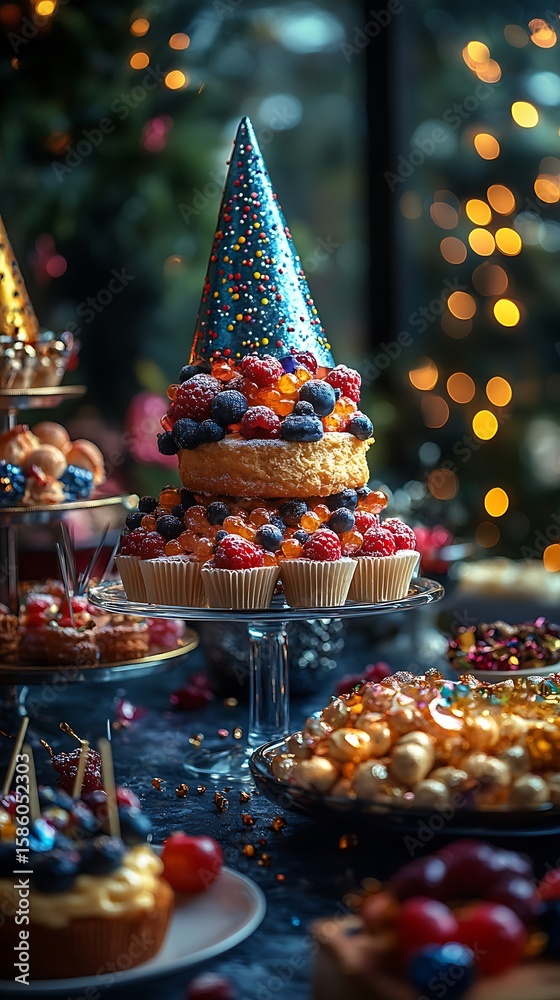 Naklejka premium Desserts cupcakes party hat celebration display wallpaper