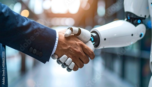 Businessman and robot shaking hands
