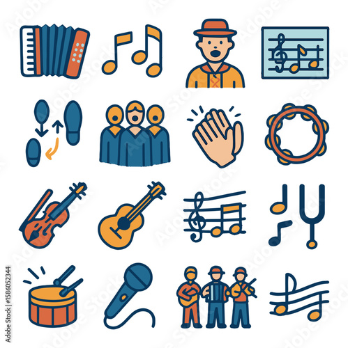 Accordion & Traditional Music modern flat style . Accordion, Music notes, Folk singer, Sheet music, Dance steps, Choir icon, Hand claps, Tambourine, Violin, Acoustic