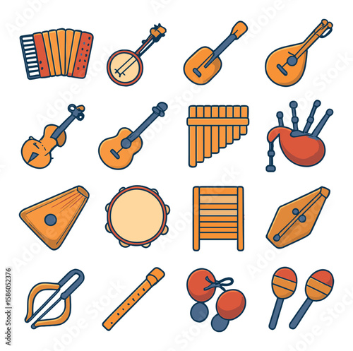 Accordion & Folk Instruments modern flat style . Accordion, Banjo, Harmonica, Mandolin, Fiddle, Acoustic guitar, Pan flute, Bagpipes, Zither, Tambourine, Washboard