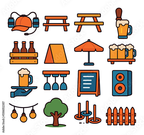 Beer Hat & Beer Garden Items modern flat style . Beer hat, Wooden bench, Picnic table, Tap handle, Beer crate, Table tent card, Shade umbrella, Stein shelf, Serving tray