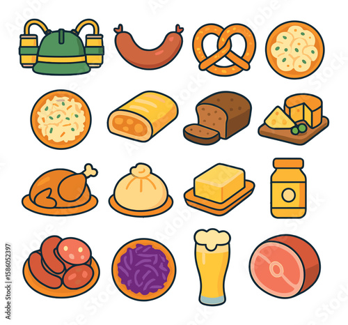 Beer Hat & German Cuisine modern flat style . Beer hat, Sausage, Pretzel, Potato salad, Pickled cabbage, Apple strudel, Rye bread, Cheese board, Roast chicken, Dumpling