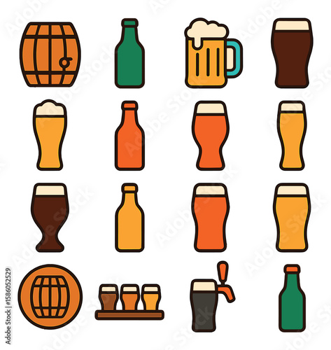 Beer Barrel & Craft Beer Styles modern flat style . Beer barrel, IPA bottle, Lager mug, Stout pint, Wheat beer glass, Sour bottle, Amber ale, Pilsner flute, Porter glass