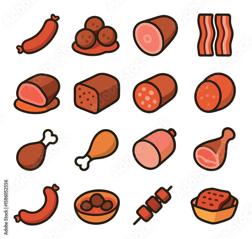 Sausage & Meat Dishes modern flat style . Sausage, Meatballs, Ham slice, Bacon strips, Roast beef, Meatloaf, Salami, Pepperoni, Turkey leg, Chicken drumstick, Bologna