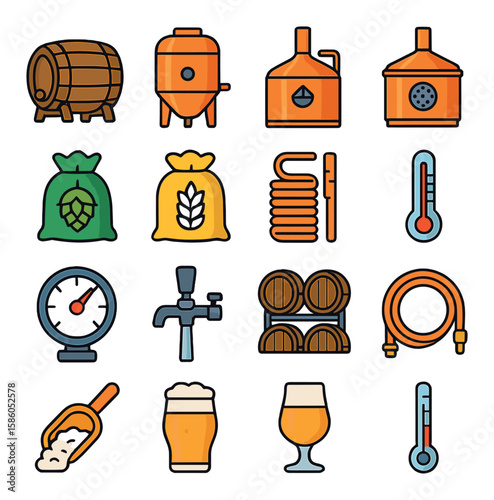 Beer Barrel & Brewery Equipment modern flat style . Beer barrel, Fermentation tank, Brewing kettle, Mash tun, Lauter tun, Hops bag, Grain sack, Wort chiller, Thermometer