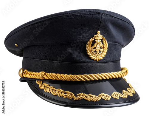 Stylish black captain’s hat featuring a glossy golden badge insignia and braided gold.