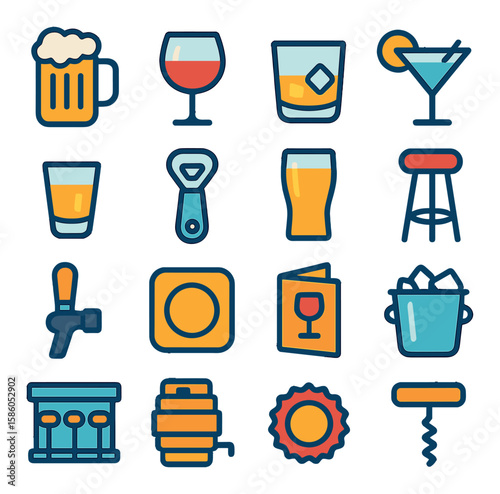 Beer Mug & Bar Items modern flat style . Beer mug, Wine glass, Whiskey tumbler, Cocktail glass, Shot glass, Bottle opener, Pint glass, Bar stool, Tap handle, Coaster