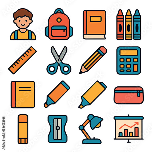 Schoolchildren & Learning Tools modern flat style . Schoolchild, Backpack, Textbook, Crayons, Ruler, Scissors, Pencil, Calculator, Notebook, Marker, Highlighter, Pen case