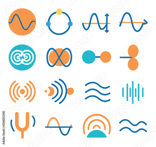 Physics & Wave Phenomena modern flat style . Sine wave, Oscillation, Frequency icon, Amplitude marker, Wavelength, Interference pattern, Standing wave, Node icon