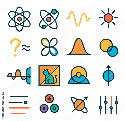 Physics & Quantum Mechanics modern flat style . Atom symbol, Electron orbit, Quantum wave, Photon, Uncertainty icon, Quantum entanglement, Probability curve