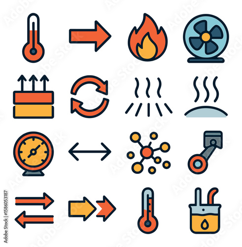 Physics & Thermodynamics modern flat style . Thermometer, Heat transfer arrow, Flame, Cooling fan, Conduction icon, Convection arrow, Radiation lines, Steam icon