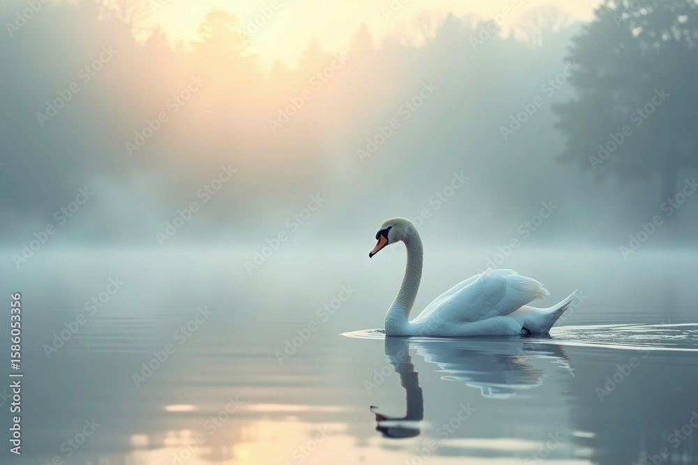 Fototapeta premium A swan is swimming in a lake with a cloudy sky in the background