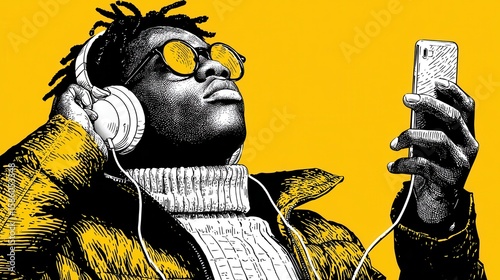 Headphones, happy and man with phone in studio listening to music, playlist or album on mobile app. Portrait, audio tech and person with cellphone for streaming song online