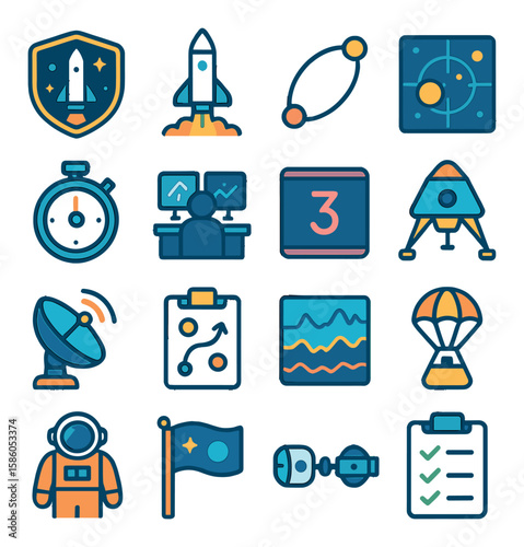 Astronomy & Space Missions modern flat style . Mission patch, Rocket launch, Trajectory line, Space map, Mission timer, Control room, Countdown screen, Landing gear