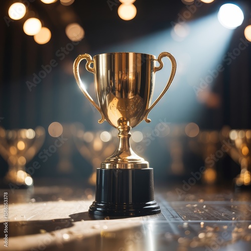 Golden trophy with handles on black base award victory