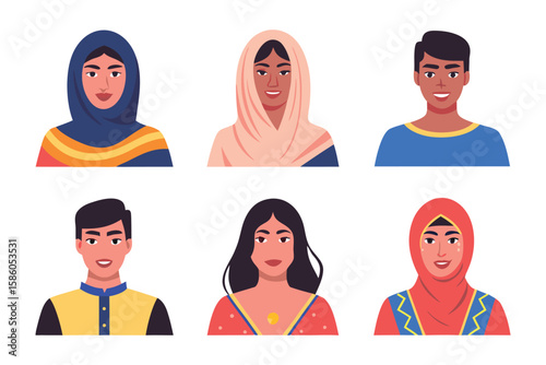 Diverse Portraits: A set of six illustrations presents a mosaic of individuals from different backgrounds and cultures, each with their own unique style and demeanor.