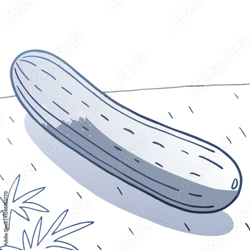 Cucumber lying on the ground with plants in the background - Concept of Harvest  