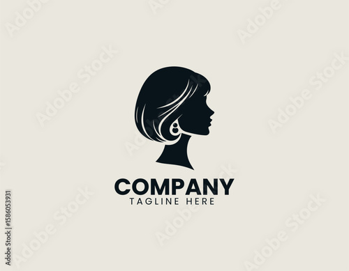 Elegant Woman Profile Bob Haircut Red Lips Beauty Fashion Vector Logo Design