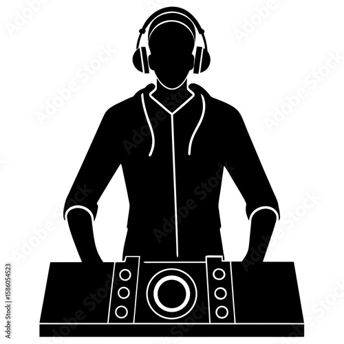 Black dj silhouette with headphones and mixer music