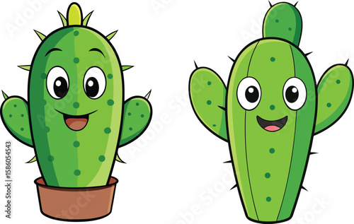 Two happy cartoon cacti with arms raised and smiling faces isolated on white background