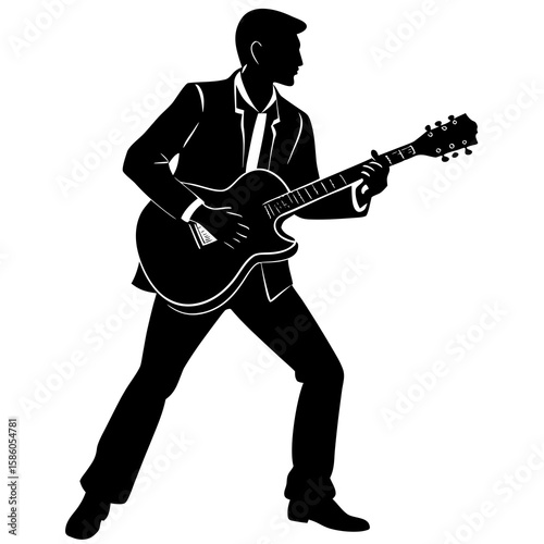 Black silhouette man playing electric guitar player