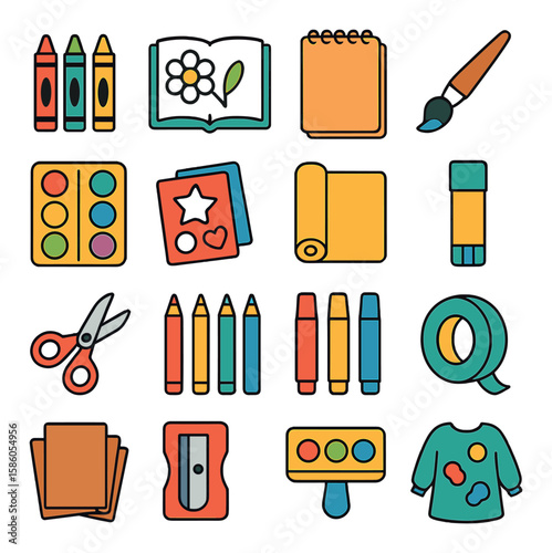 Crayons & Kids Art modern flat style . Crayons, Coloring book, Drawing pad, Paintbrush, Watercolors, Stencils, Paper roll, Glue stick, Scissors, Colored pencils, Markers
