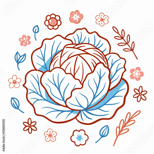 Decorative cabbage illustration surrounded by flowers and leaves  