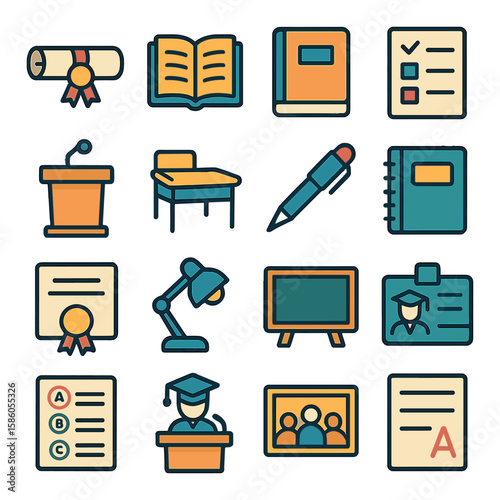 Diploma & Education Process modern flat style . Diploma, Open book, Textbook, Exam sheet, Lecture podium, School desk, Pen, Notebook, Certificate, Study lamp, Blackboard