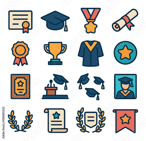 Diploma & Academic Recognition modern flat style . Diploma, Graduation cap, Honor medal, Certificate scroll, Award ribbon, Academic trophy, Graduation gown, Star badge