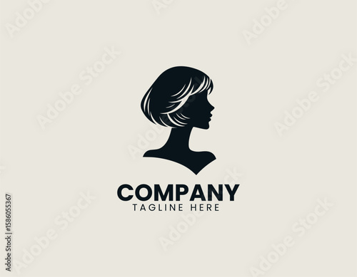 Elegant Woman Profile Bob Haircut Red Lips Beauty Fashion Vector Logo Design