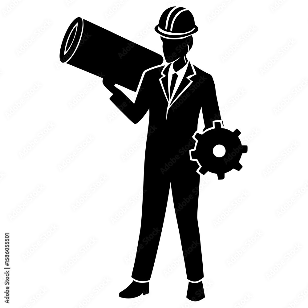 Fototapeta premium Engineer holding blueprint scroll and gear hard hat