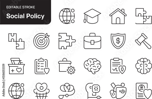 Public Administration Socila policy outline icons. Minimalist thin linear web icon set. Line icons related to public utilities. Gas, electricity, water, heating. Editable stroke outline icon.
