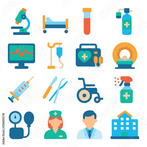 Microscope & Hospital Tools modern flat style . Microscope, Hospital bed, Blood sample, Oxygen tank, Monitor screen, IV stand, Defibrillator, CT scan, Syringe, Surgical