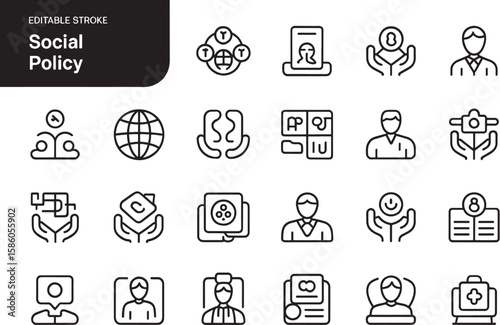Editable Stroke Social Policy Icons 20+ Line Icons for Social Issues, Community, and Governance