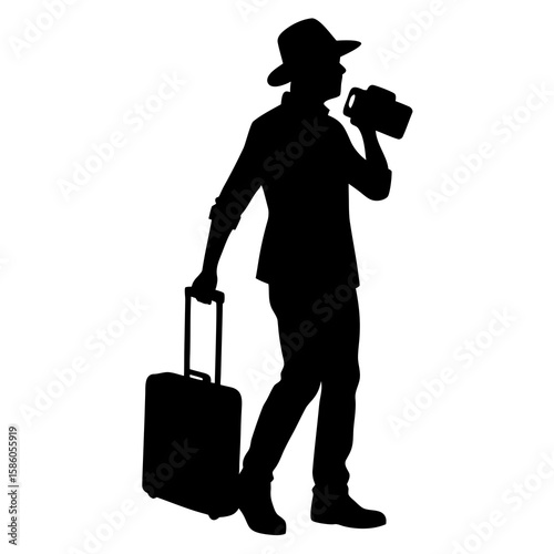 Man with hat holding camera and suitcase silhouette