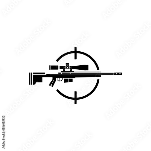 Minimalist black sniper rifle icon with scope, framed by a targeting reticle, symbolizing precision shooting and long-range marksmanship.
