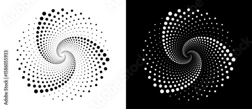 Modern abstract background. Halftone dots in circle form. Round logo. Vector dotted frame. Design element or icon, logo. Black shape on a white background and the same white shape on the black side.