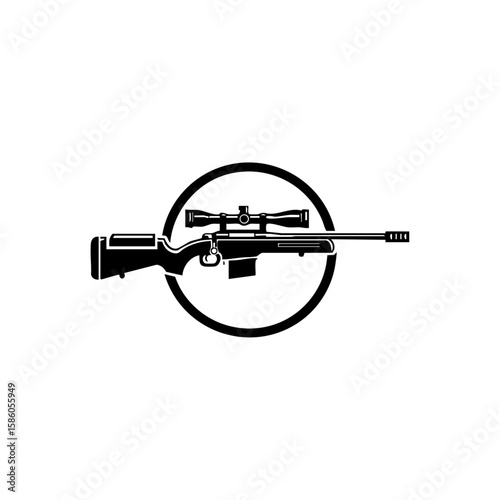 Minimalist black vector of a sniper rifle in a circle frame, symbolizing precision shooting, elite military equipment, and tactical accuracy.


