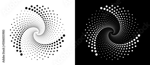 Modern abstract background. Halftone dots in circle form. Round logo. Vector dotted frame. Design element or icon, logo. Black shape on a white background and the same white shape on the black side.