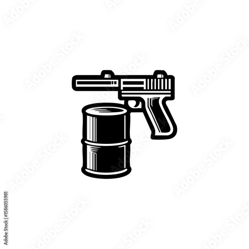 Stylized black vector logo showing a gun paired with an oil barrel, symbolizing conflict, resource exploitation, or military-industrial themes.

