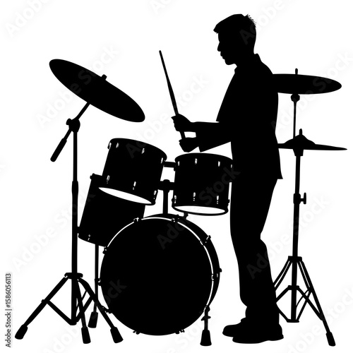 Musician playing drums on white drummer silhouette